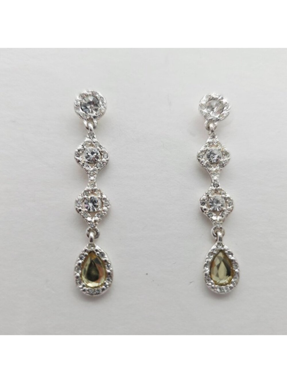 Elegant Silver-Tone Drop Earrings With Clear Crystals & Yellow Teardrop Gemstone